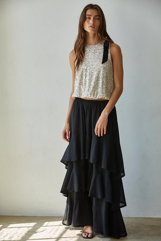 FAY TIERED RUFFLE SKIRT IN BLACK FRONT VIEW