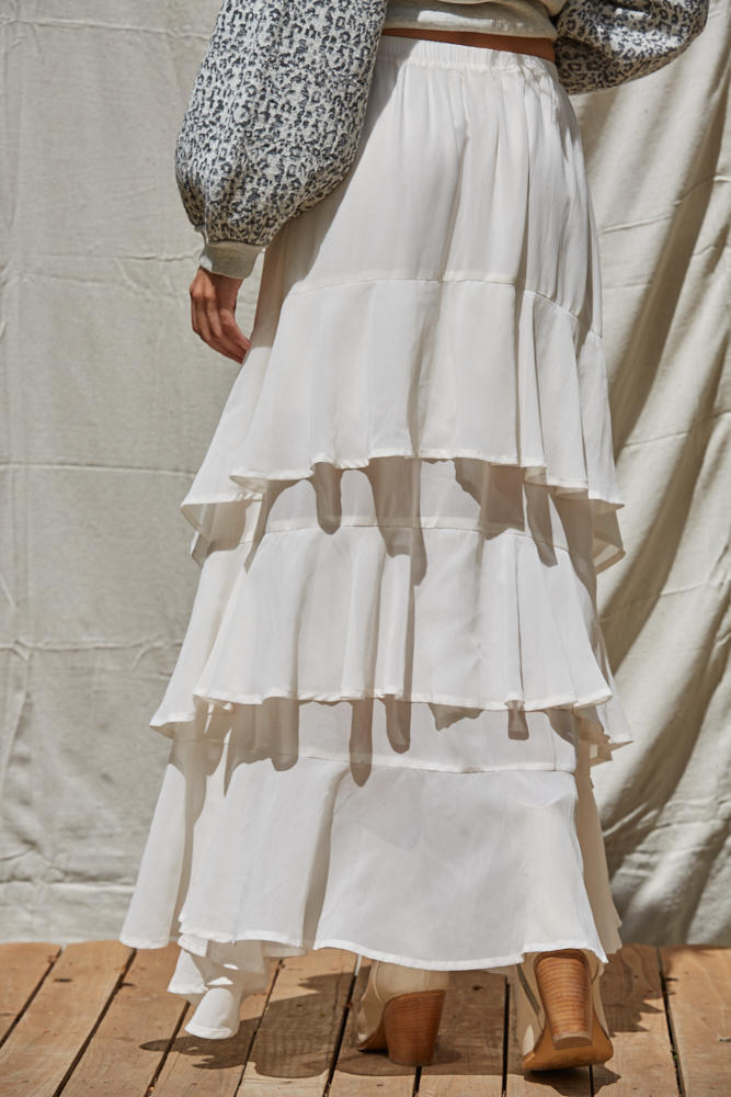 FAY TIERED RUFFLE SKIRT IN IVORY BACK VIEW