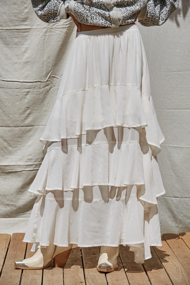 FAY TIERED RUFFLE SKIRT IN IVORY FRONT VIEW