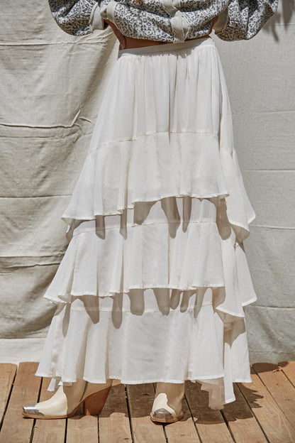 FAY TIERED RUFFLE SKIRT IN IVORY FRONT VIEW