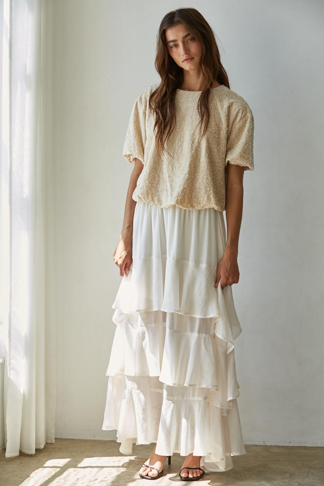 FAY TIERED RUFFLE SKIRT IN IVORY FRONT VIEW