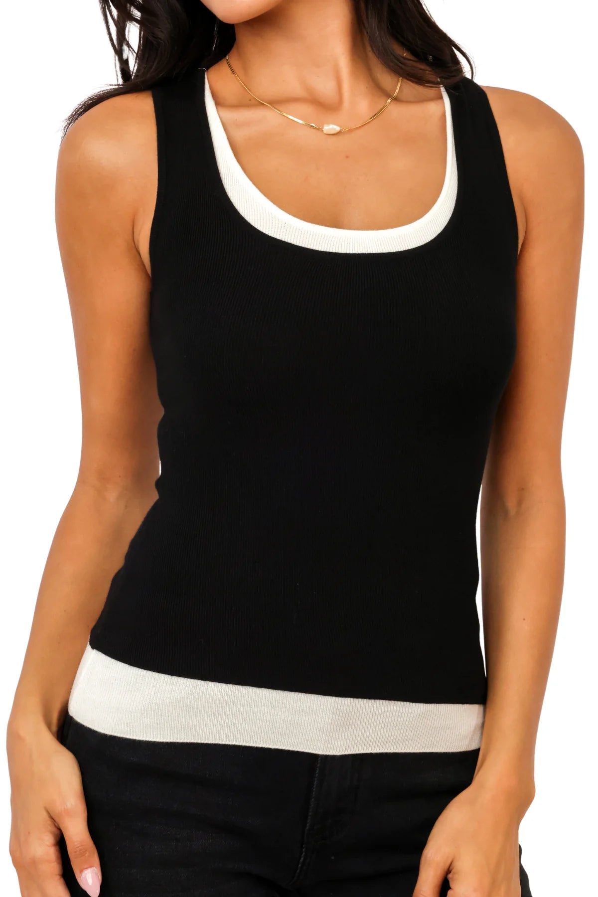 JORDYN LAYERED TANK TOP IN BLACK AND OFF WHITE FRONT VIEW