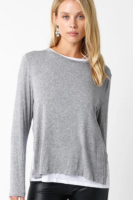 LINED CREW NECK SWEATER IN CHARCOAL AND WHITE FRONT VIEW