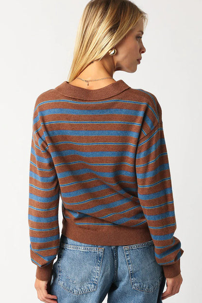 KATHY STRIPE POLO PULLOVER IN MEDIUM BROWN COMBO BACK VIEW