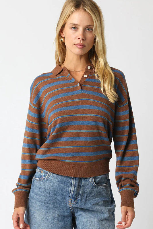 KATHY STRIPE POLO PULLOVER IN MEDIUM BROWN COMBO FRONT VIEW