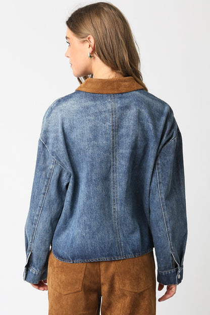 LEILA DENIM BARN JACKET IN DENIM CAMEL BACK VIEW