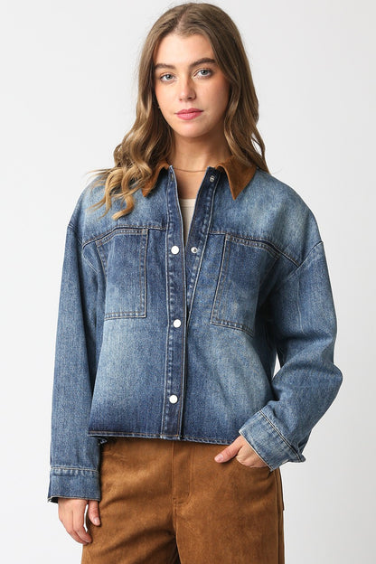 LEILA DENIM BARN JACKET IN DENIM CAMEL FRONT VIEW