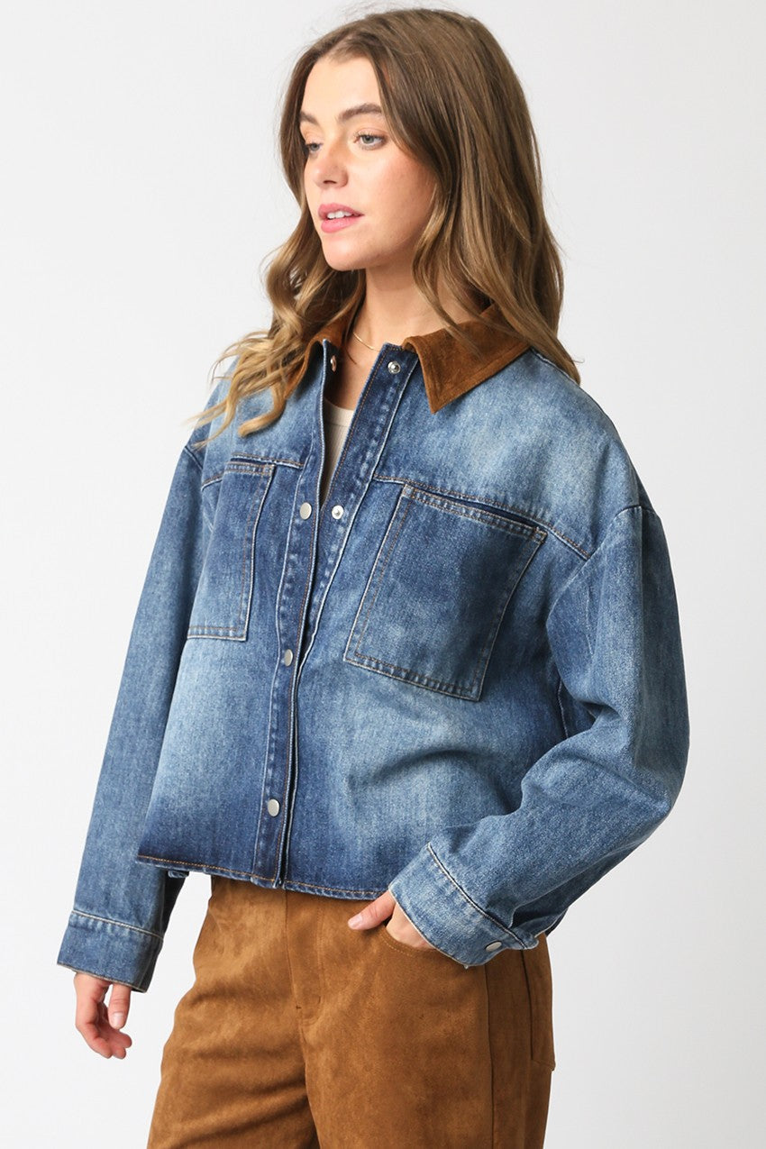 LEILA DENIM BARN JACKET IN DENIM CAMEL SIDE VIEW