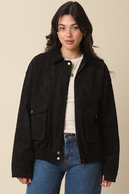 MIA FAUX SUEDE JACKET IN BLACK FRONT VIEW