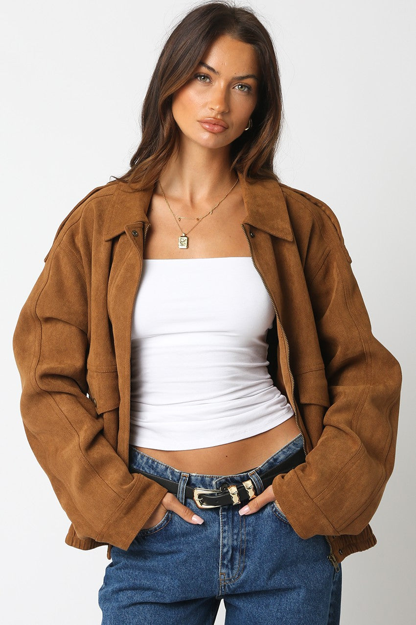 MIA FAUX SUEDE JACKET IN CAMEL FRONT VIEW