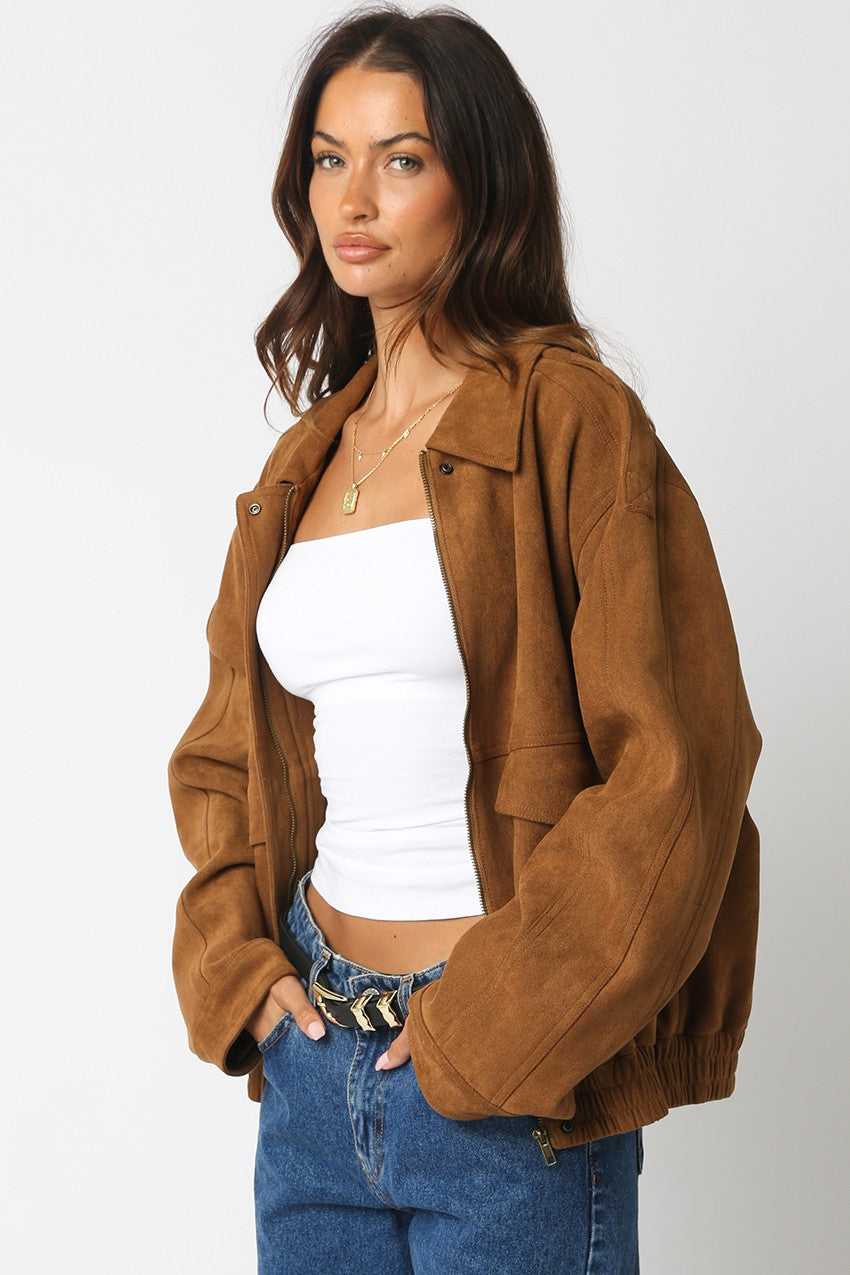 MIA FAUX SUEDE JACKET IN CAMEL SIDE VIEW