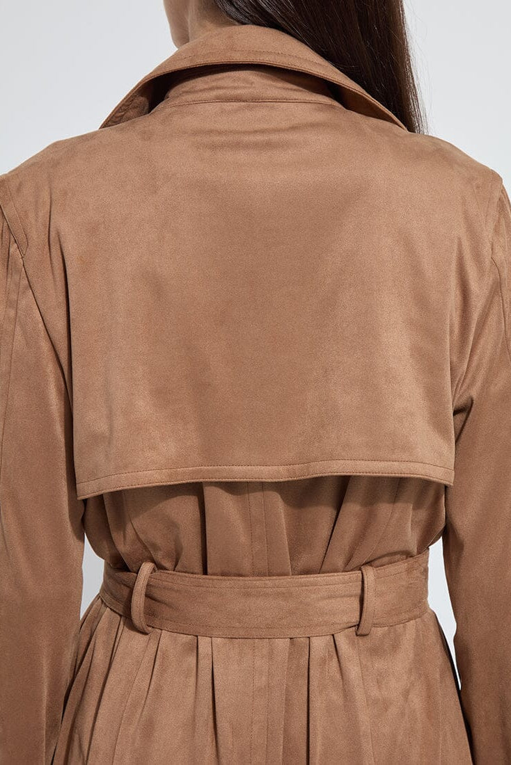 AGATHA VEGAN SUEDE TRENCH COAT IN LUX CAMEL BACK CLOSE UP VIEW 