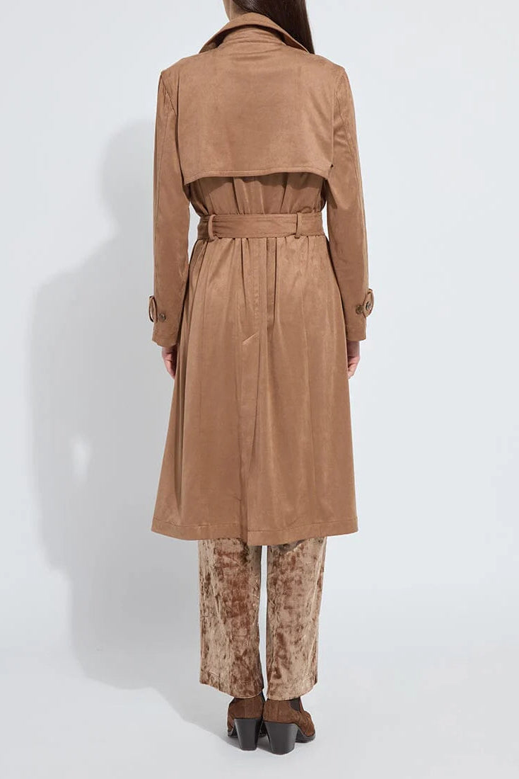 AGATHA VEGAN SUEDE TRENCH COAT IN LUX CAMEL BACK VIEW 
