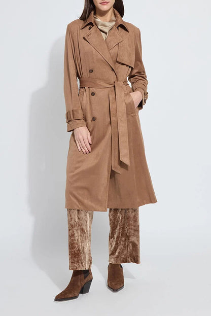 AGATHA VEGAN SUEDE TRENCH COAT IN LUX CAMEL FRONT VIEW