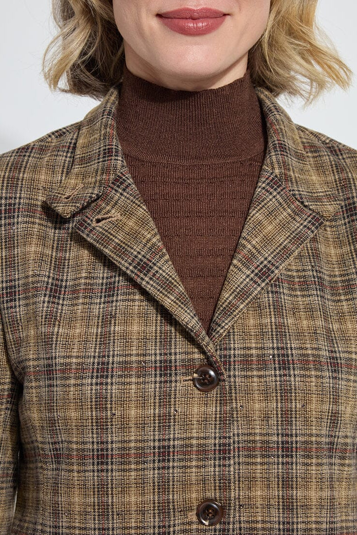 MARCELINE CONVERTIBLE COLLAR BLAZER IN BRIT BRUSHED PLAID FRONT VIEW CLOSE UP
