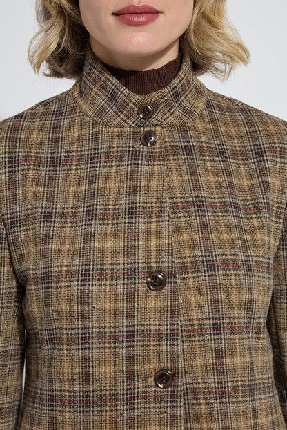 MARCELINE CONVERTIBLE COLLAR BLAZER IN BRIT BRUSHED PLAID FRONT VIEW CLOSE UP