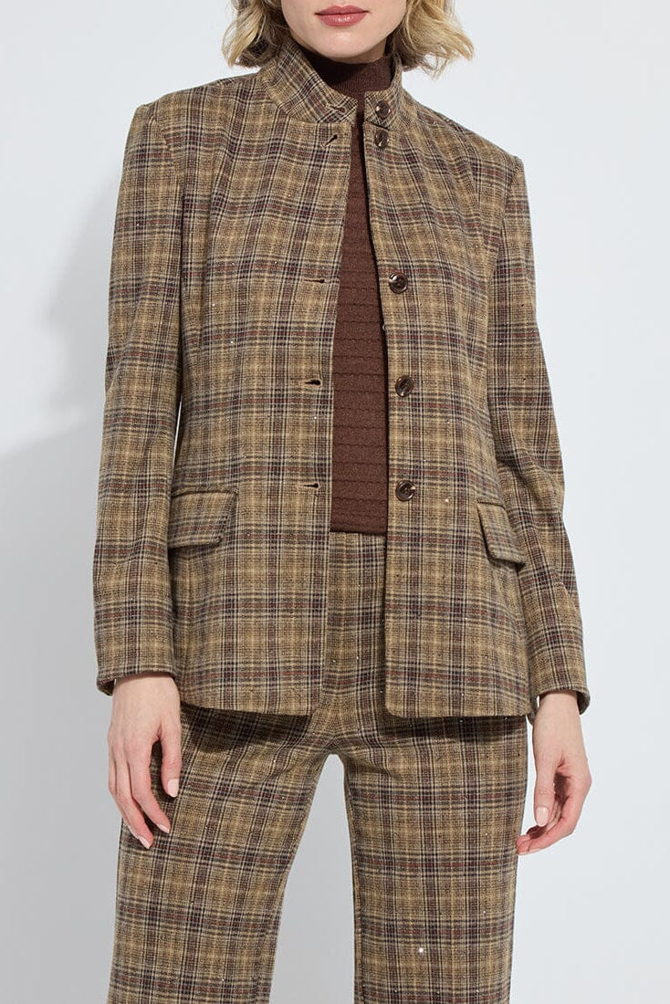 MARCELINE CONVERTIBLE COLLAR BLAZER IN BRIT BRUSHED PLAID FRONT VIEW