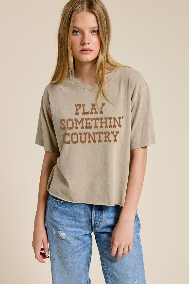 Sand short-sleeve T-shirt with PLAY SOMETHIN' COUNTRY front graphic
