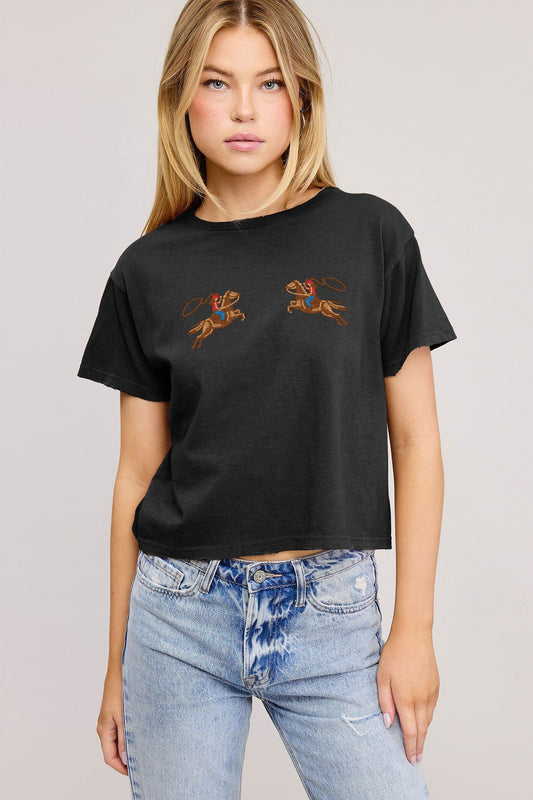 COWGIRL STITCH PUFF SHORT SLEEVE IN BLACK FRONT VIEW