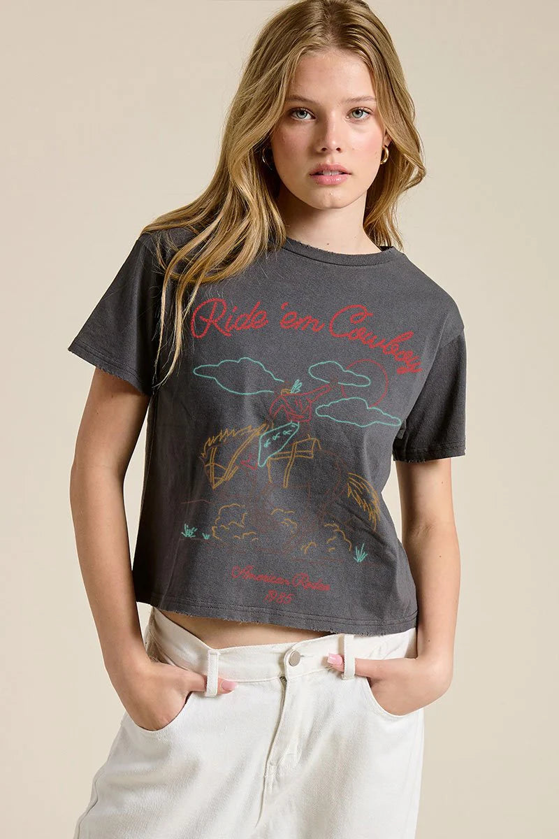 PUFF RIDE EM COWBOY SHORT SLEEVE IN BLACK FRONT VIEW