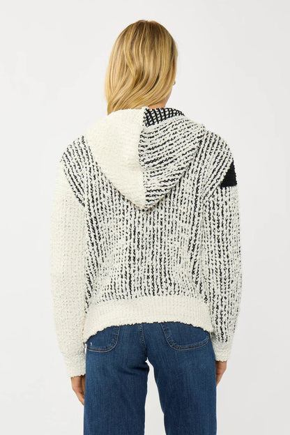 POPCORN SWEATER JACKET w/HOODIE IN CREAM/BLACK BACK VIEW