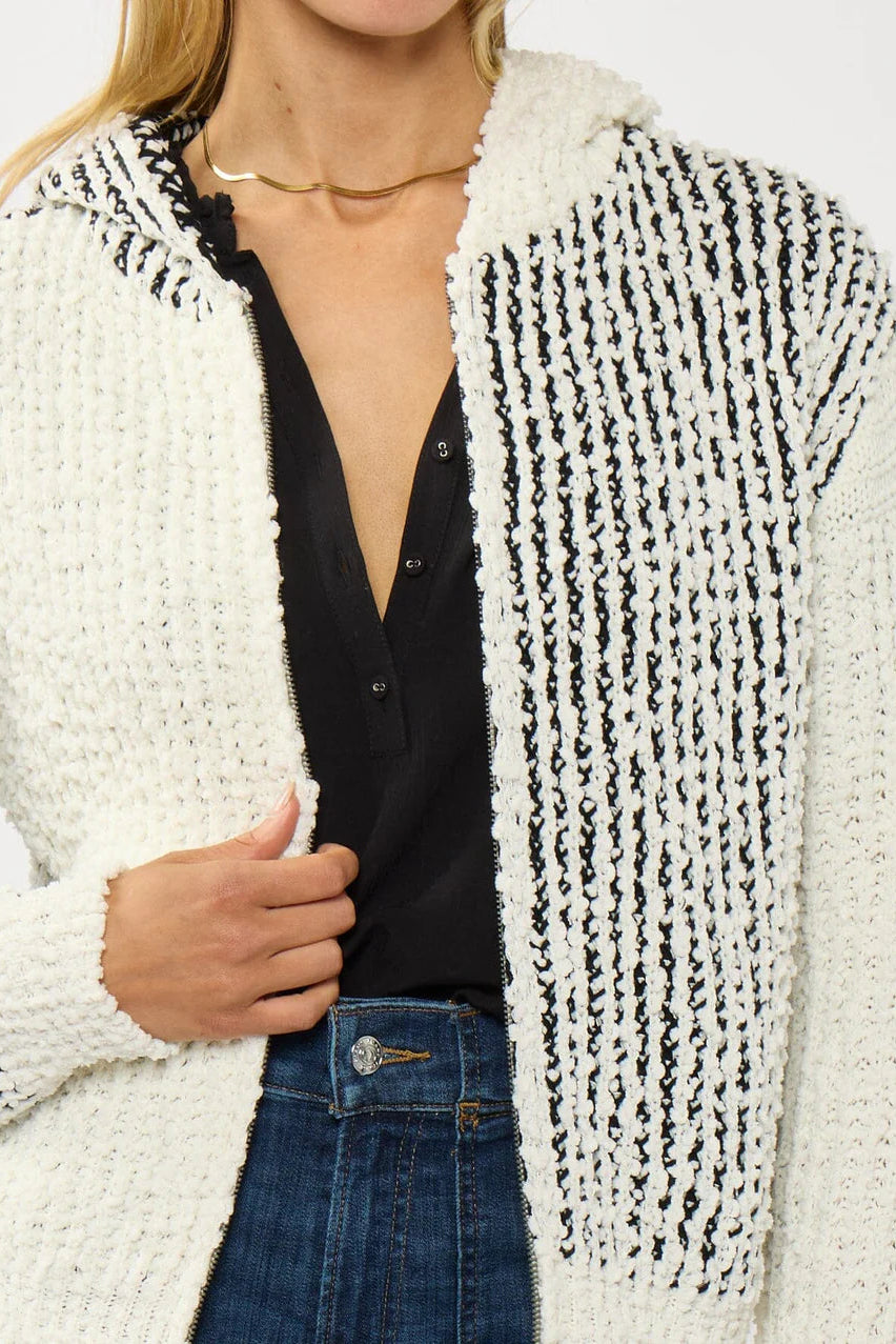 POPCORN SWEATER JACKET w/HOODIE IN CREAM/BLACK FRONT VIEW CLOSEUP