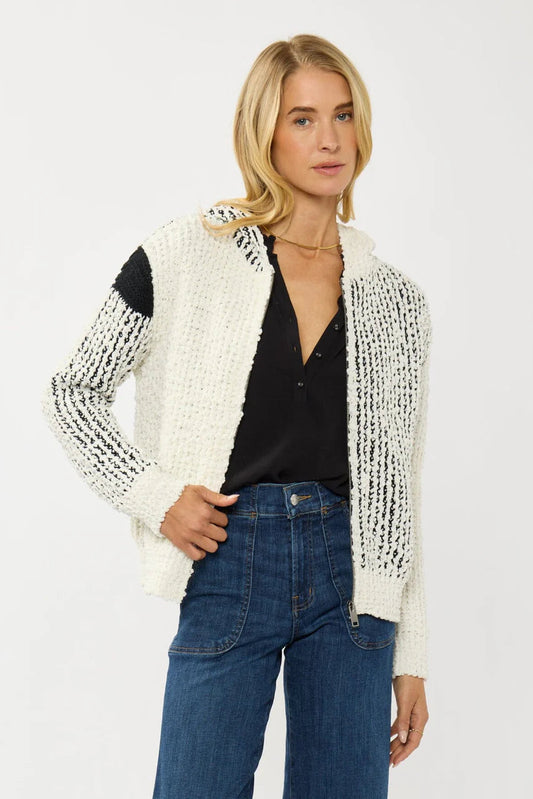 POPCORN SWEATER JACKET w/HOODIE IN CREAM/BLACK FRONT VIEW OPEN