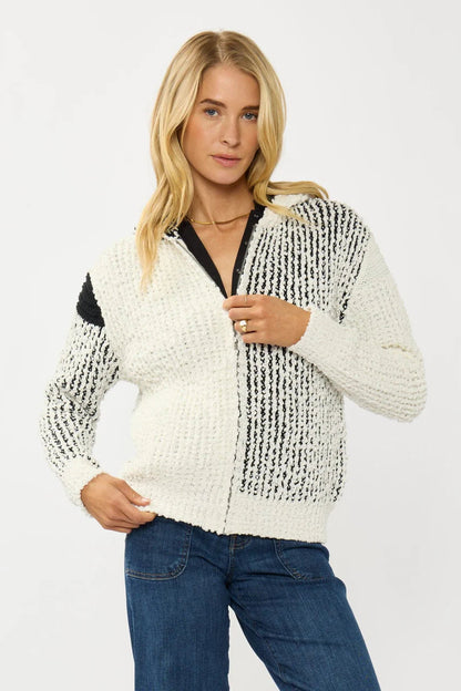 POPCORN SWEATER JACKET w/HOODIE IN CREAM/BLACK FRONT VIEW CLOSED