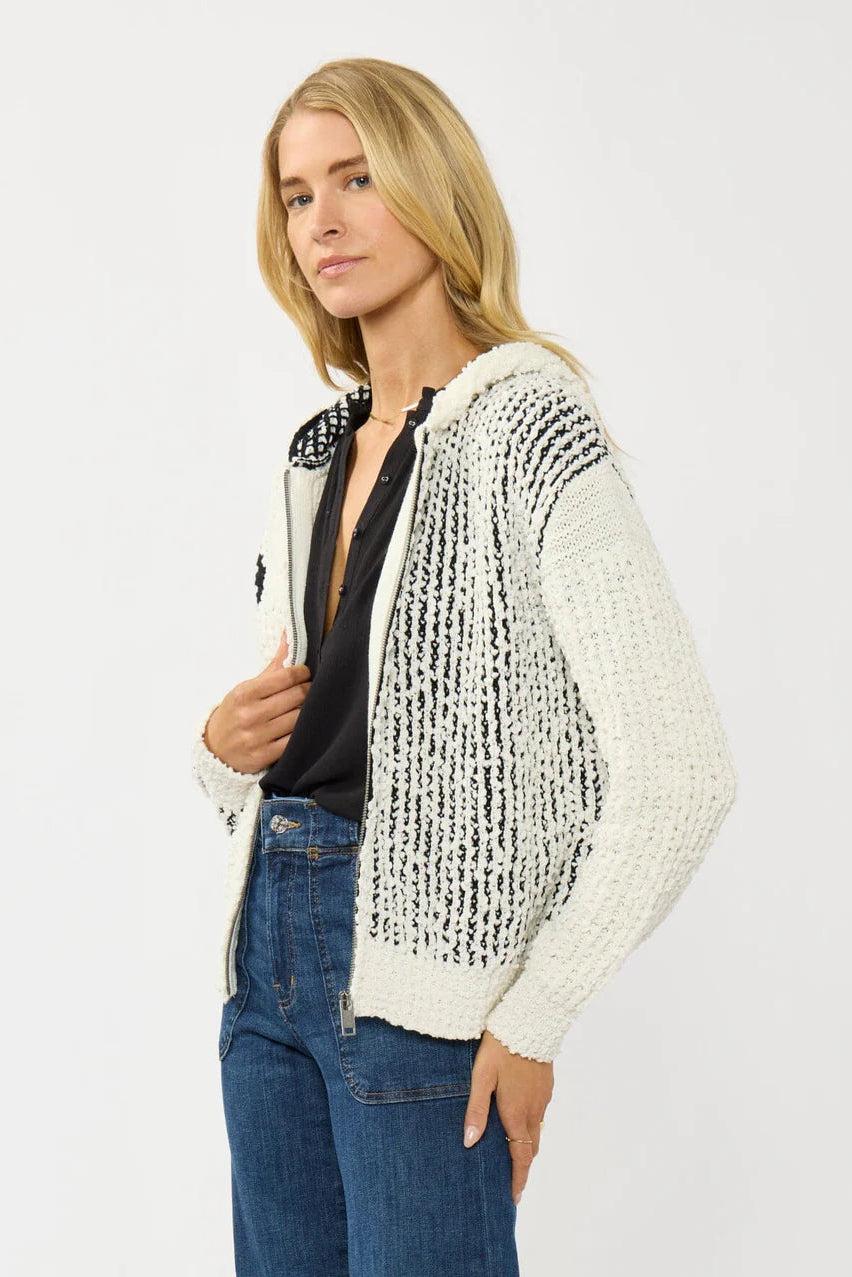 POPCORN SWEATER JACKET w/HOODIE IN CREAM/BLACK SIDE VIEW