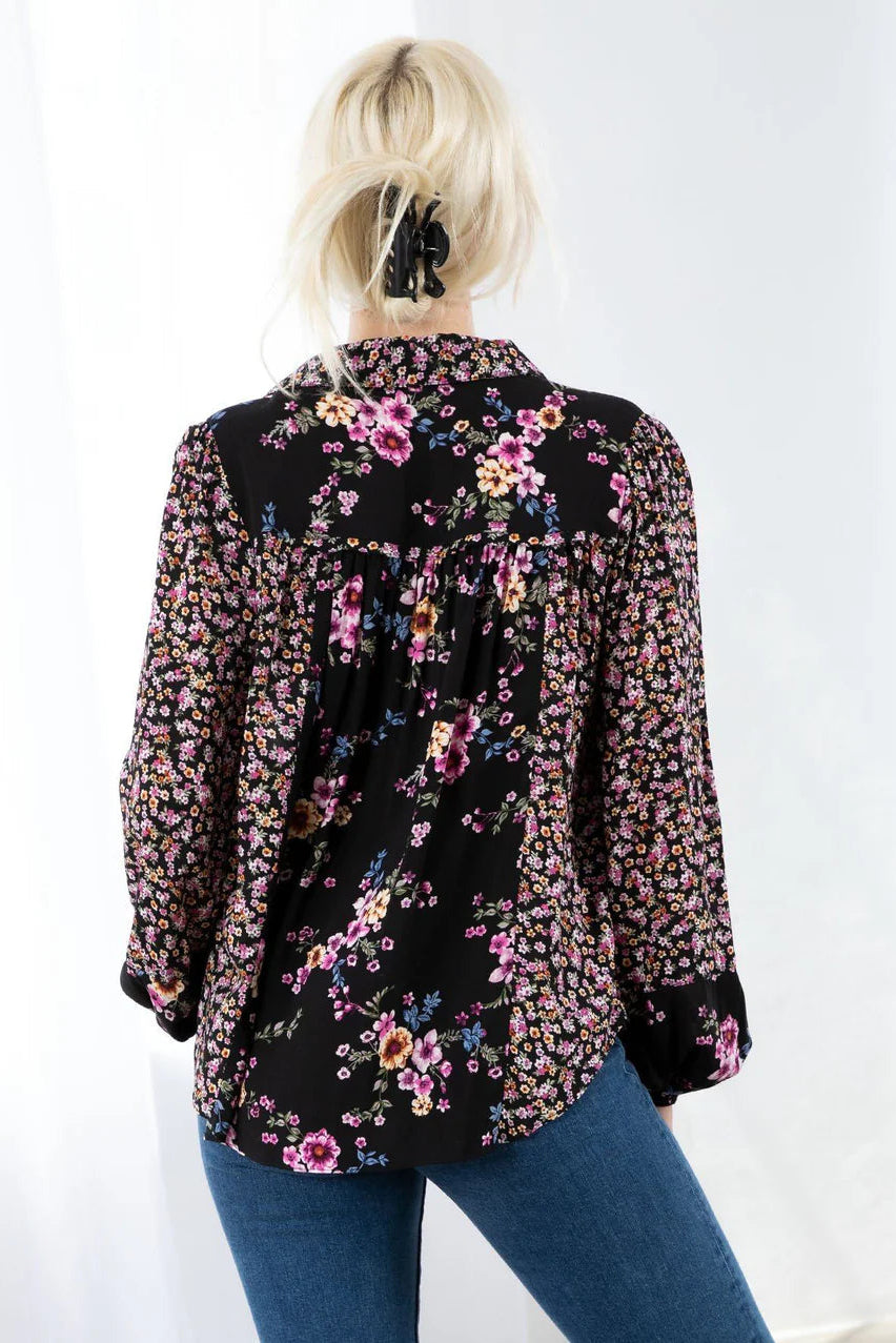 LONG SLEEVE BUTTON FRONT BLOUSE IN BLACK/WINE BACK VIEW