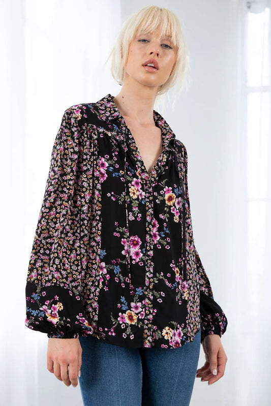 LONG SLEEVE BUTTON FRONT BLOUSE IN BLACK/WINE FRONT VIEW