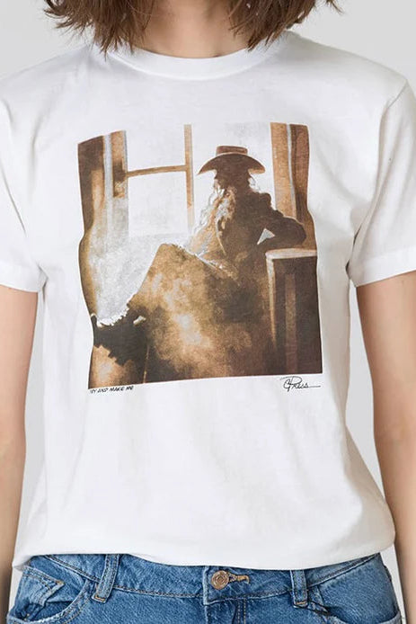 TRY AND MAKE ME MUSHIE TEE IN WORN WHITE FRONT DETAIL VIEW