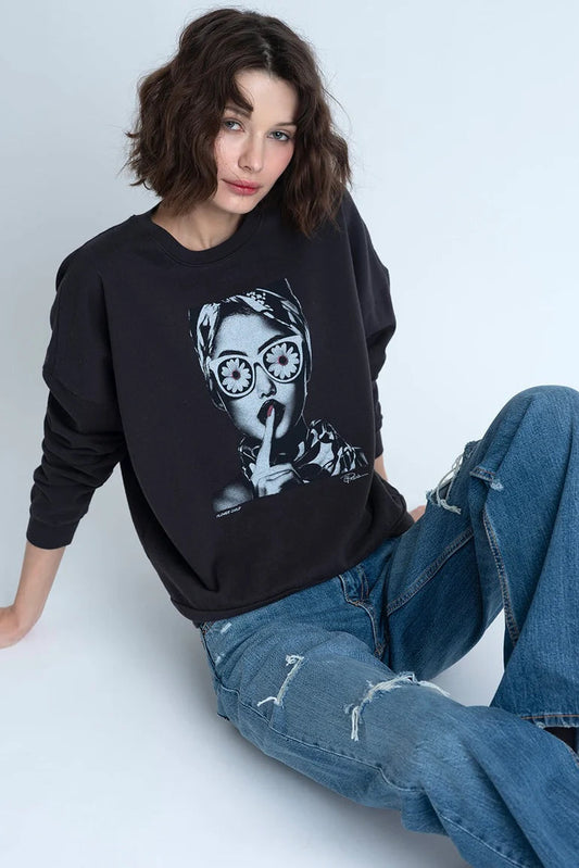 FLOWER CHILD COZY SWEATSHIRT IN WORN BLACK FRONT VIEW