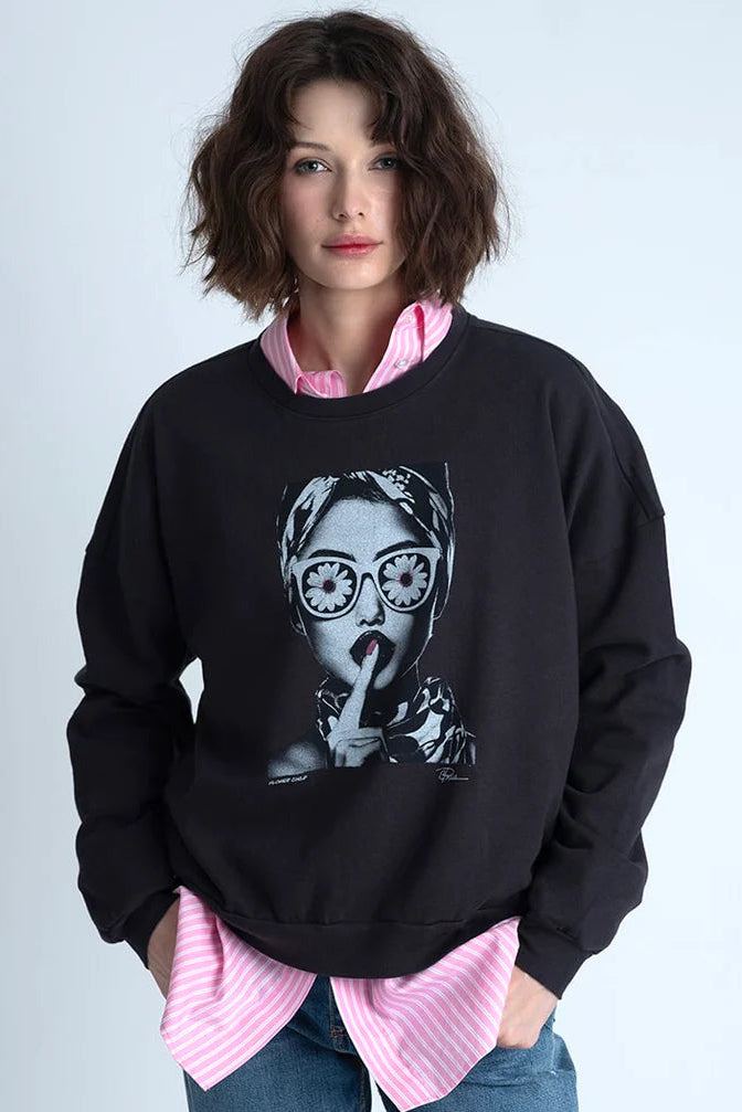 FLOWER CHILD COZY SWEATSHIRT IN WORN BLACK FRONT VIEW