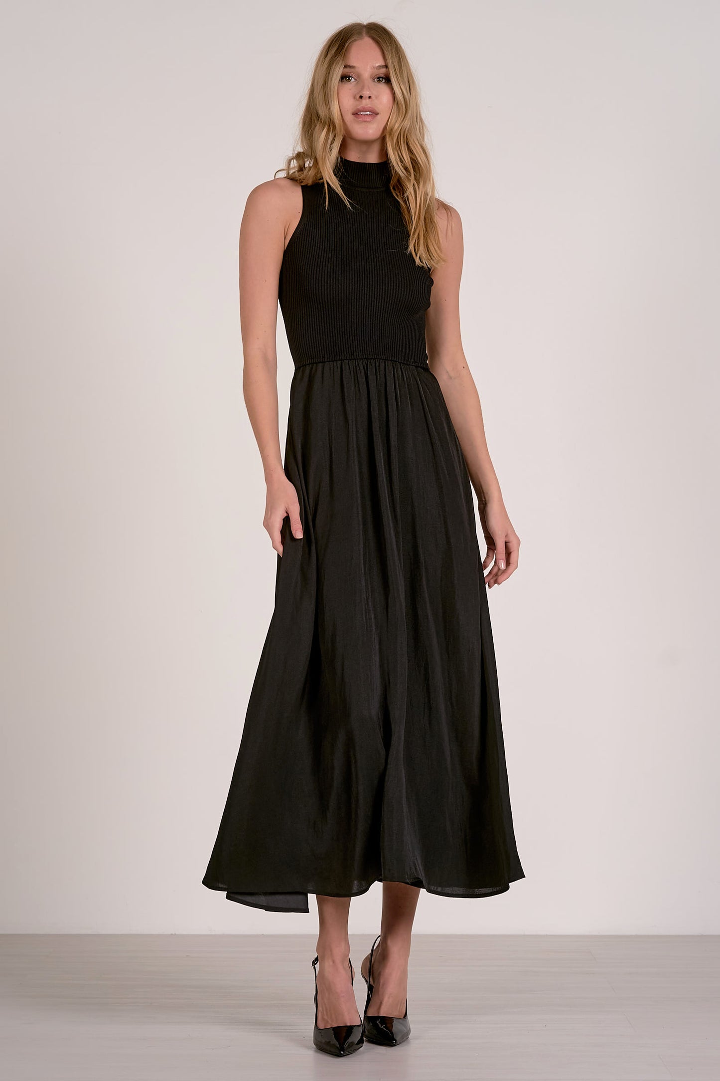 MOCK NECK SLEEVELESS MAXI IN BLACK FRONT VIEW