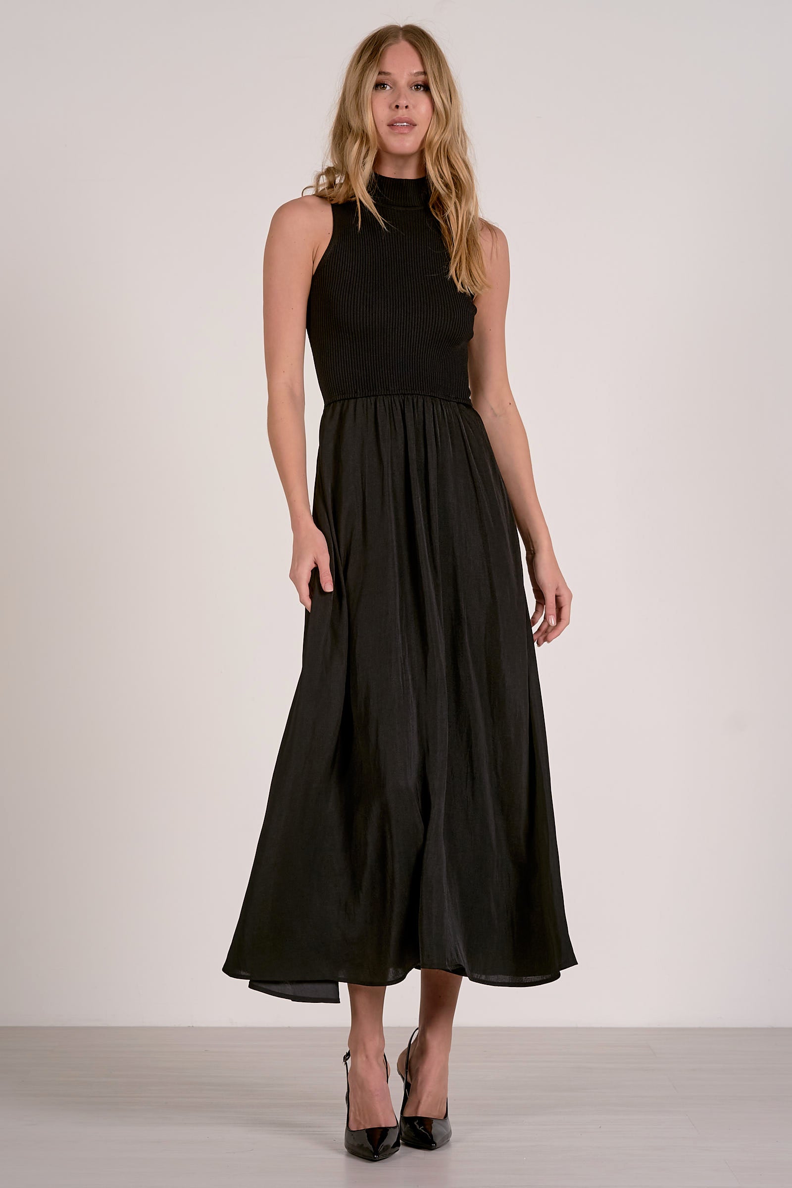 MOCK NECK SLEEVELESS MAXI IN BLACK FRONT VIEW