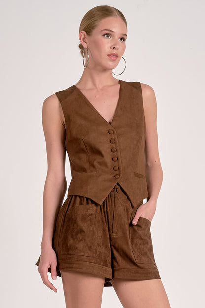 BUTTON DOWN V-NECK VEST IN CHOCOLATE FRONT VIEW