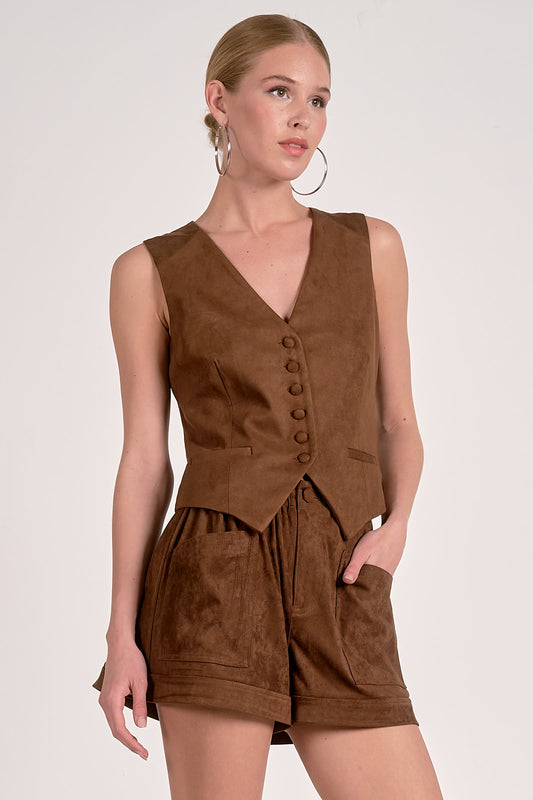 BUTTON DOWN V-NECK VEST IN CHOCOLATE FRONT VIEW