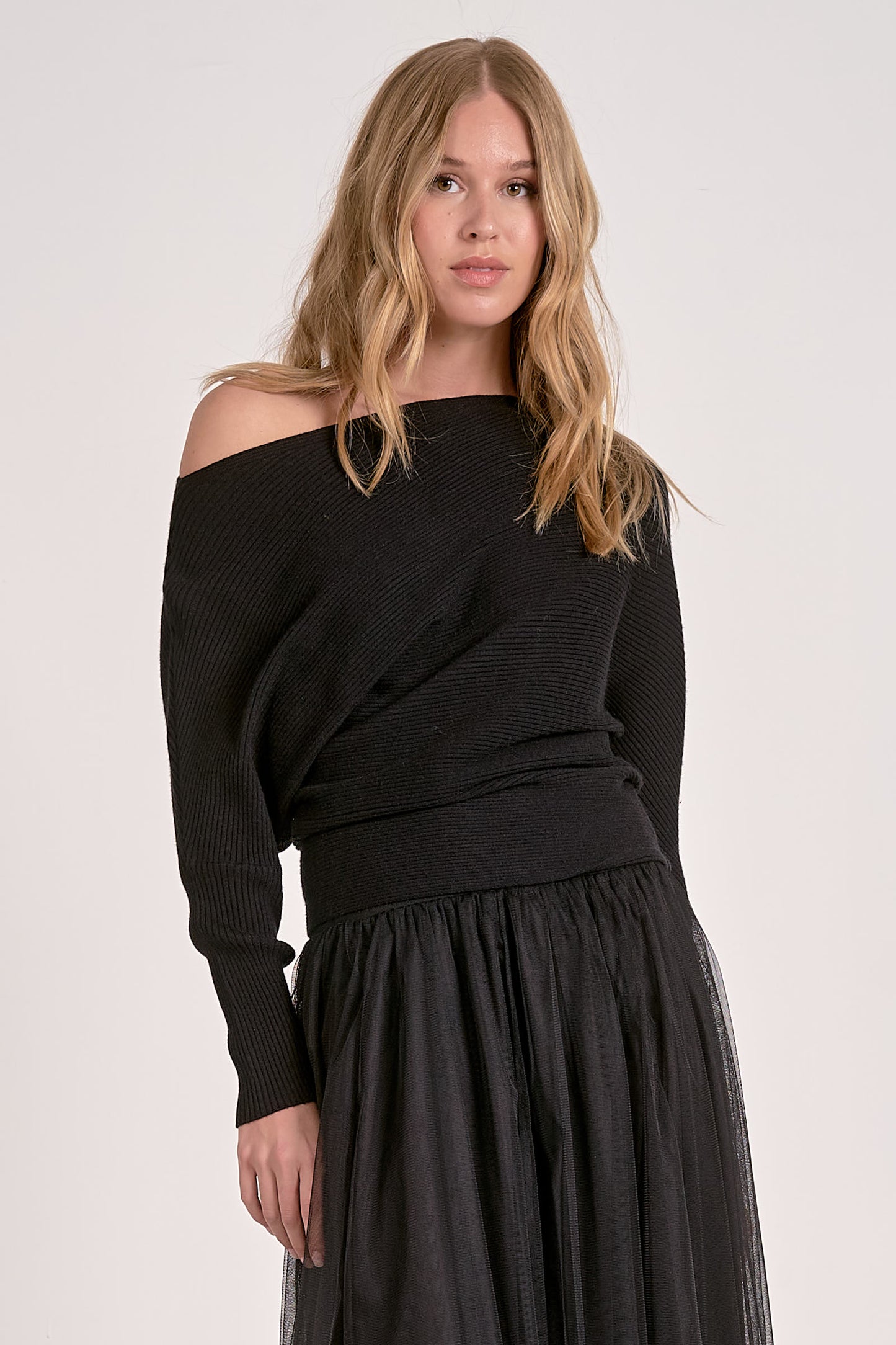 OFF SHOULDER SWEATER IN BLACK FRONT VIEW