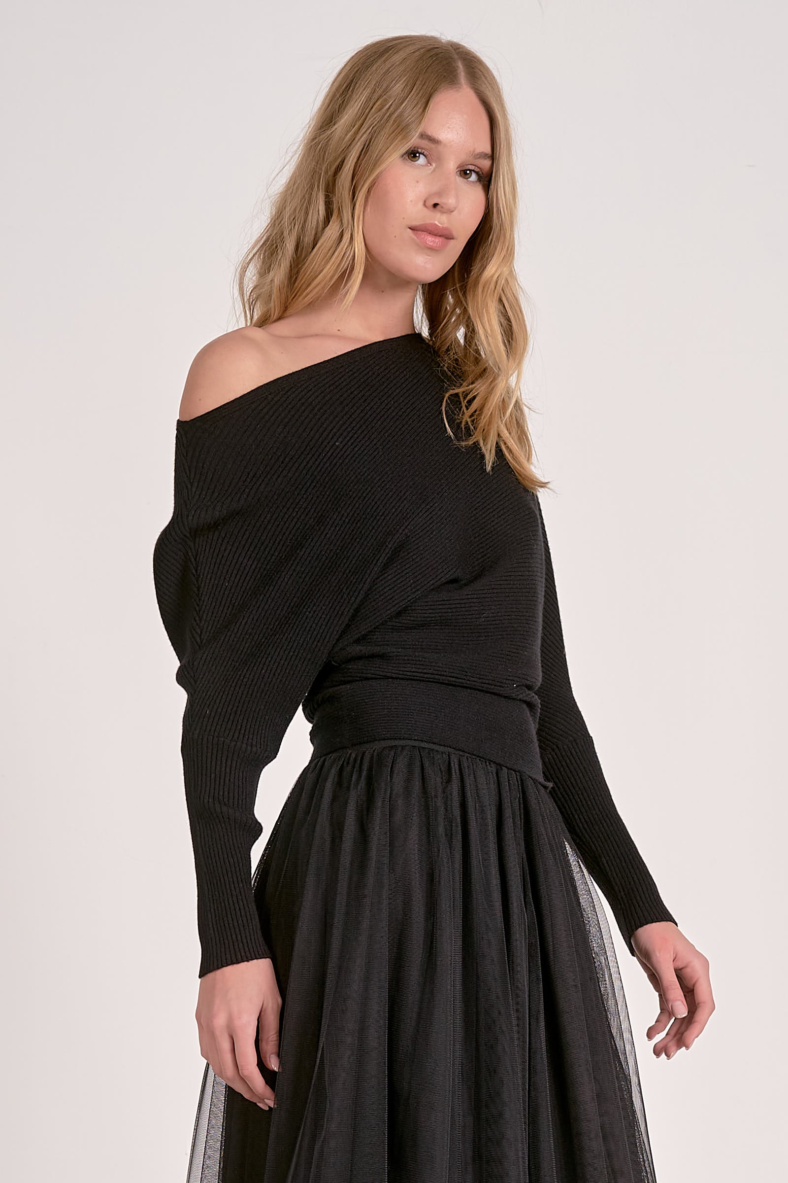 OFF SHOULDER SWEATER IN BLACK SIDE VIEW