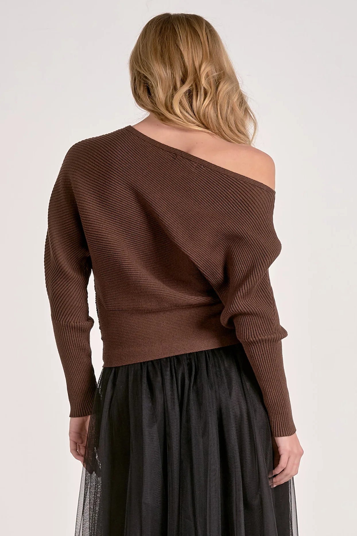 OFF SHOULDER SWEATER IN DARK CHOCOLATE BACK VIEW