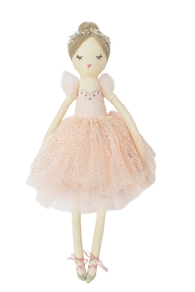 Ballerina Doll in a pink dress with a tiara on a white background