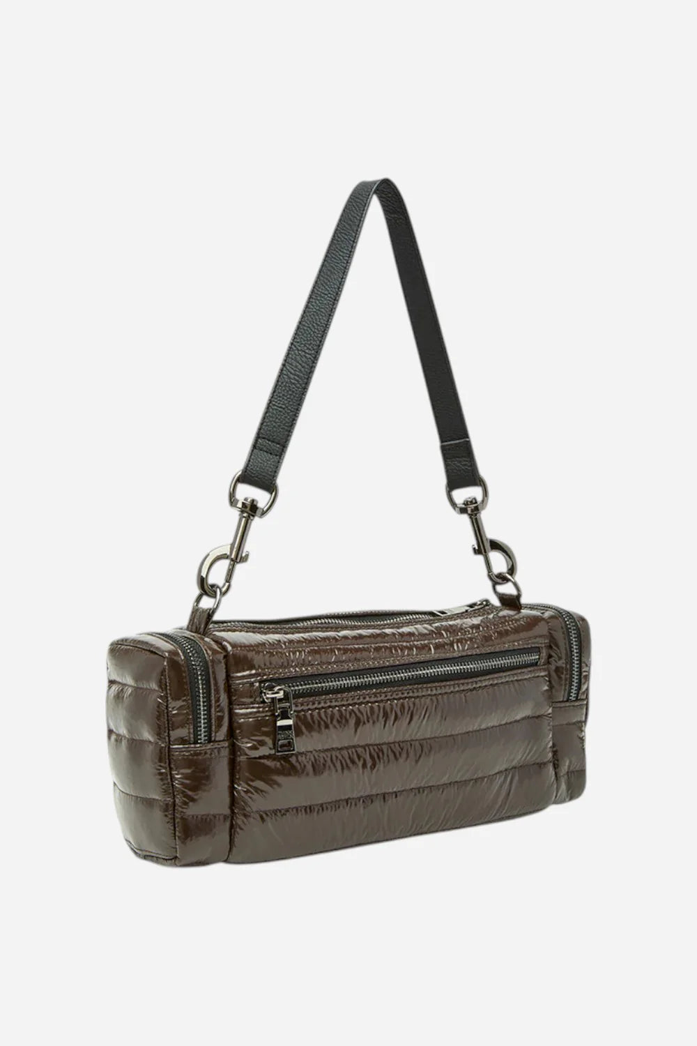 Dark glossy leather cargo handbag side view with crossbody strap and zip compartments