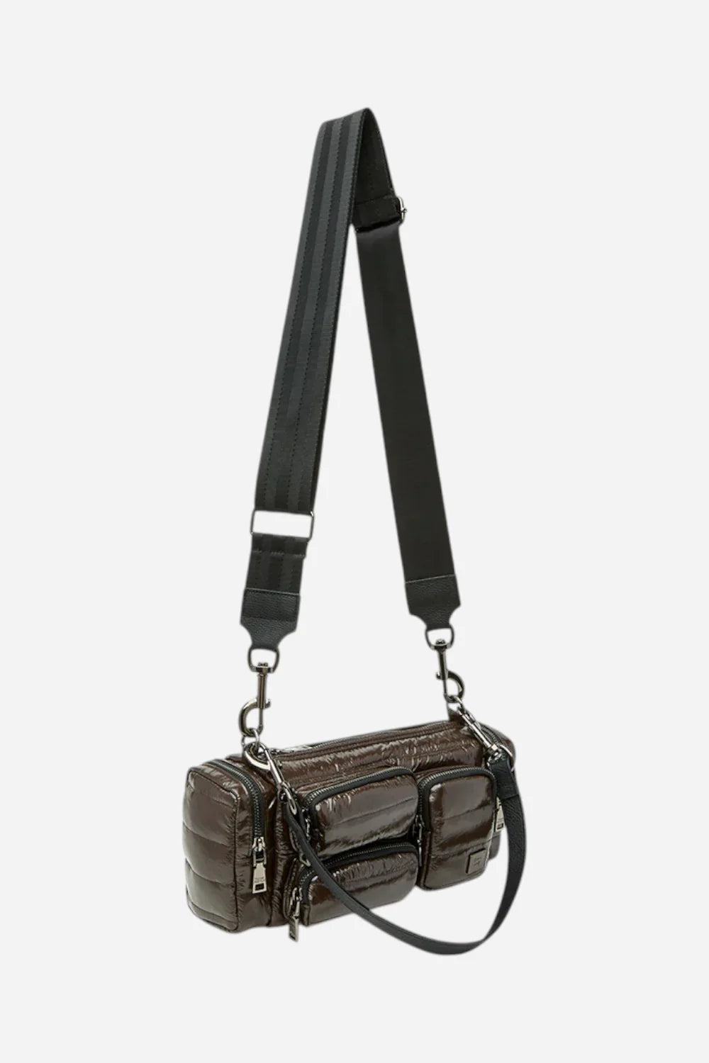 Dark glossy leather cargo handbag with crossbody strap and silver-tone hardware