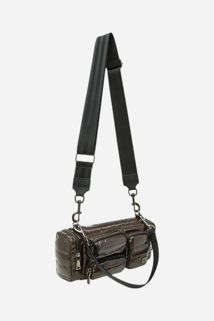 Dark glossy leather cargo handbag with crossbody strap and silver-tone hardware