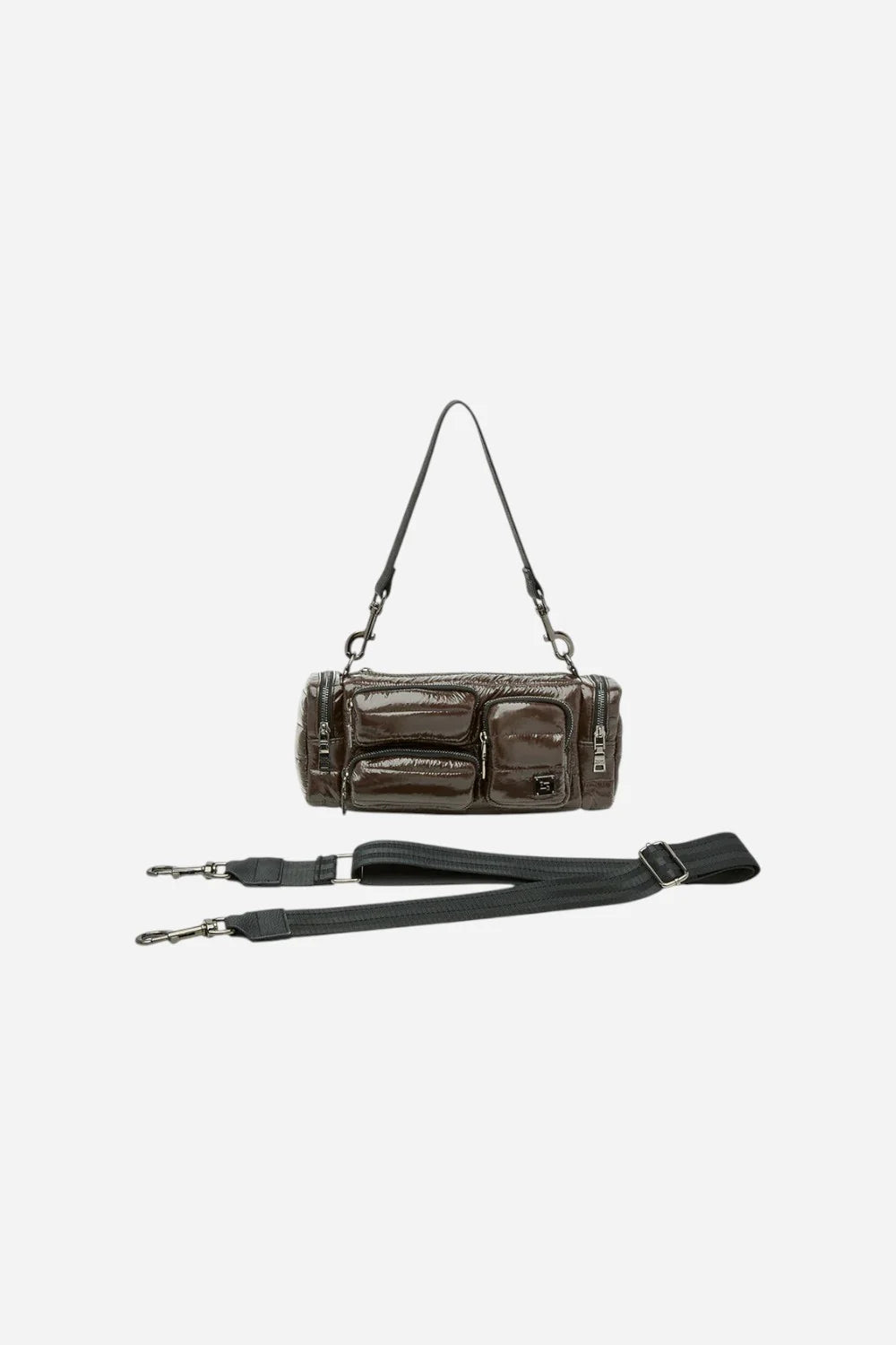 Dark glossy leather cargo handbag with top handle and two crossbody straps