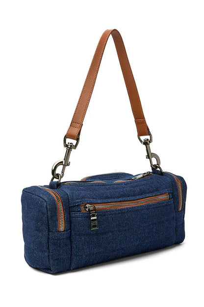 Dark denim cargo handbag side view with top handles, zip front pocket and strap