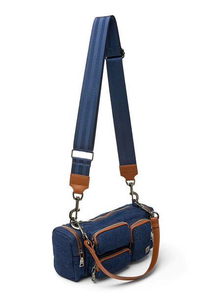 Dark denim cargo handbag with crossbody strap and tan trim, zip compartments