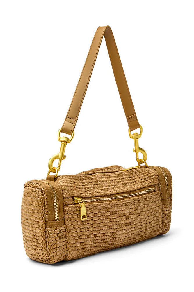 Raffia cargo handbag side view with long zip pocket and adjustable crossbody strap