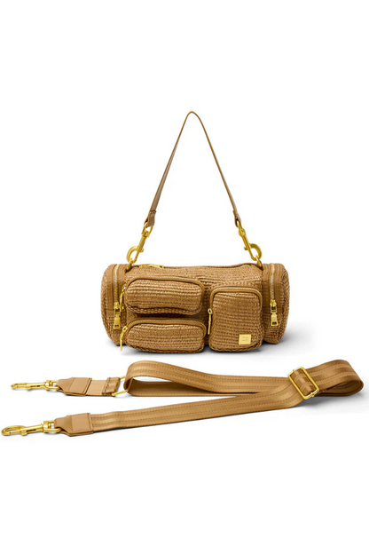 Raffia cargo handbag with shoulder strap and front zip pockets, gold-tone hardware